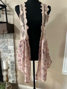 SELF E long floral light weight vest crochet top women’s Small bohemian